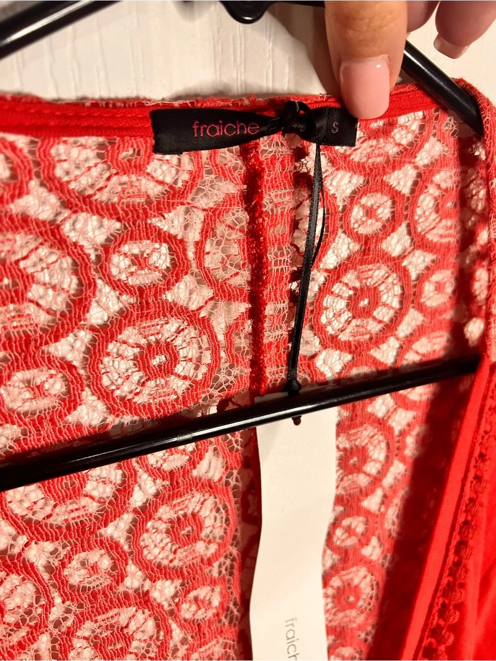 Fraiche by J Women’s S Red Lace Crotchet Sleeve Maxi Dress Elegant V-Neck NWT‎